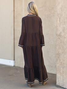Wildy 秋季新款美式乡村休闲度假荷叶边喇叭袖连衣裙，棕色 - 棕色 - 查看 3