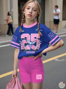 Tween Girls Casual Minimalist Short Sleeve Loose T-Shirt And Leggings 2 Pieces Set, Suitable For Summer - Multicolor - View 2