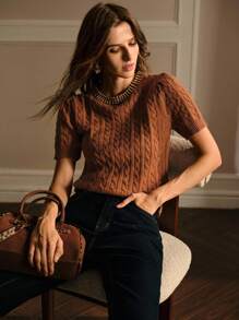 MOTF PREMIUM 短袖麻花针织上衣 针织套头衫 秋冬 - 咖啡棕 - 查看 2