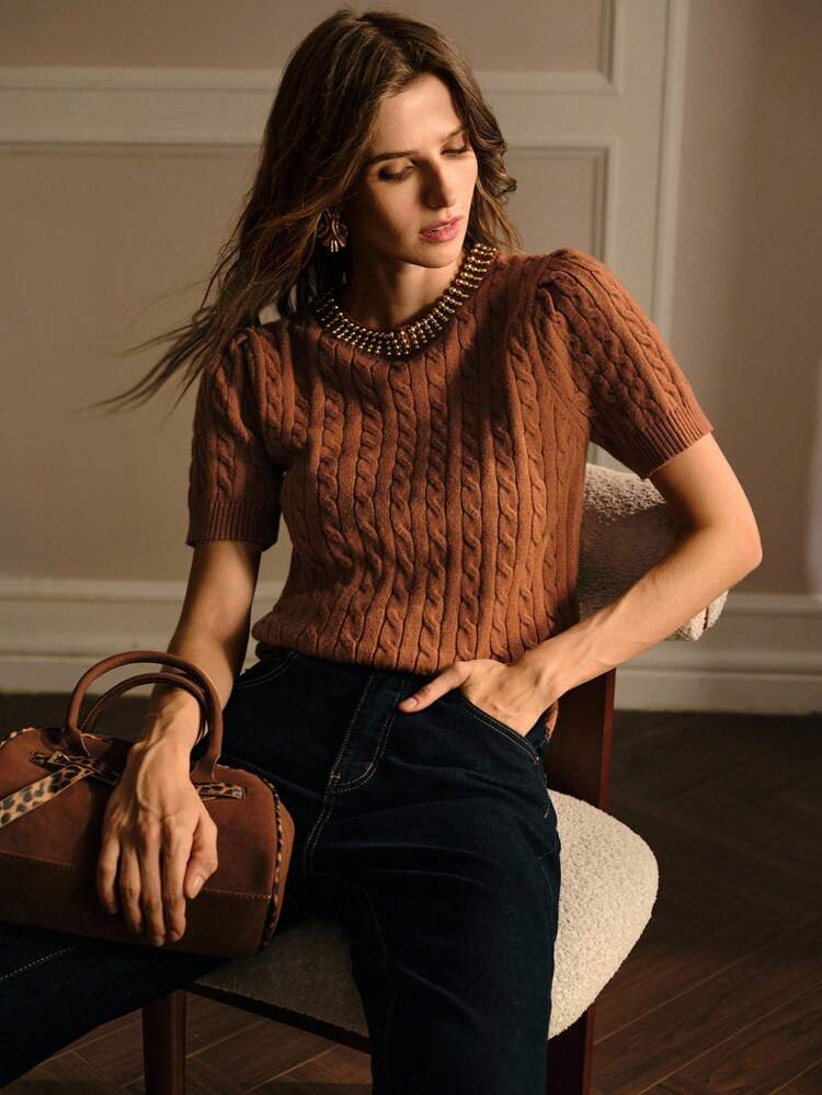 SHORT SLEEVE CABLE KNIT TOP KNIT PULLOVER FALL WINTER