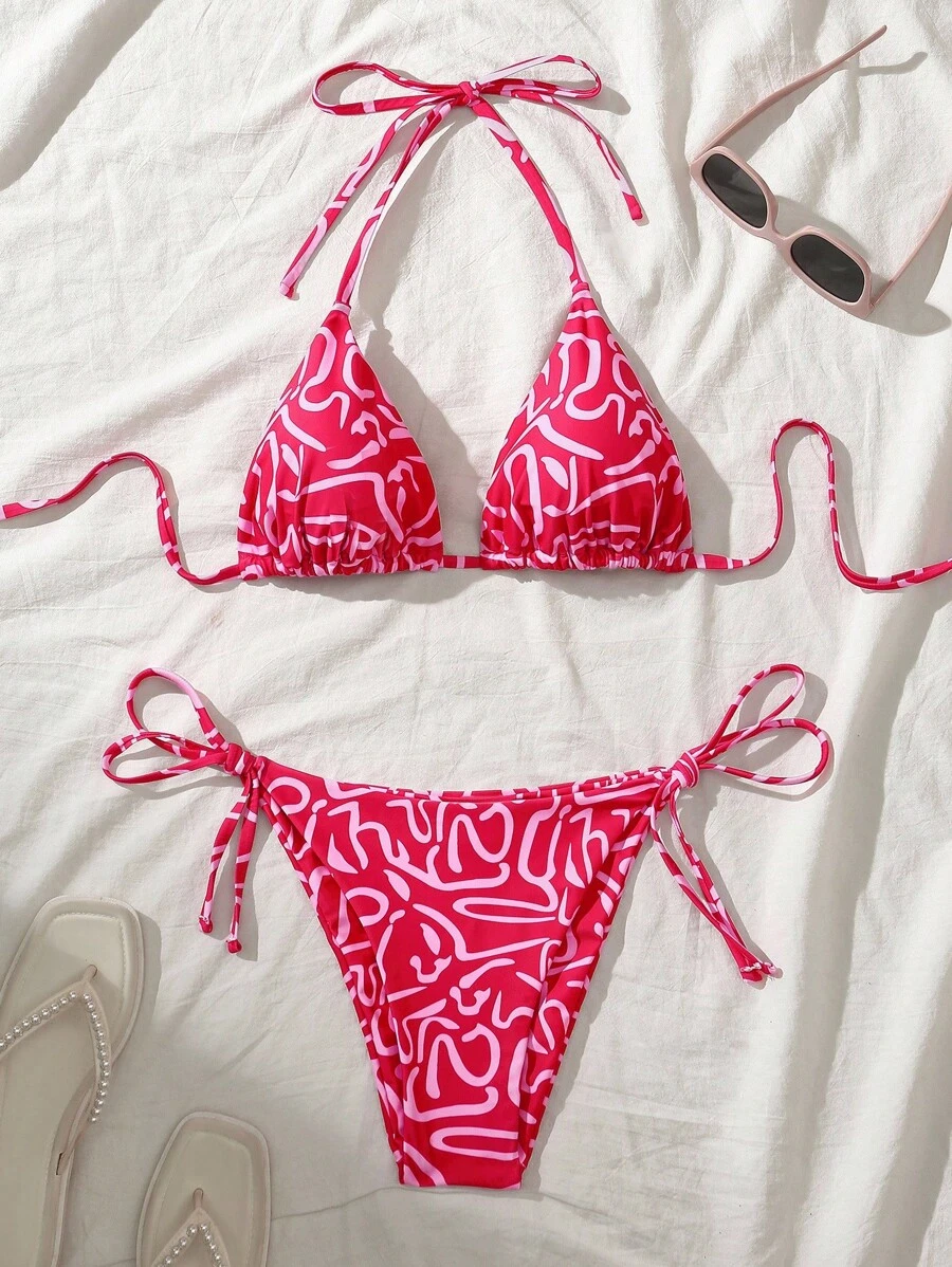Swim Mod Set de 2 piezas Bikini con estampado aleatorio y escote halter para mujer, para el verano - Multicolor - Ver 1