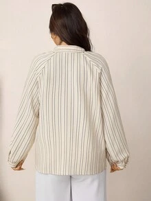 Zelara Plus Size Women Striped Raglan Sleeve Long Sleeve Single-Breasted Casual Shirt Navycore Outfits Plus Size Shirts And Blouses Fall Clothes For Women Business Casual Woman Office Outfits For Women Button Up Shirt Women Teacher Shirts Old Money Style Women