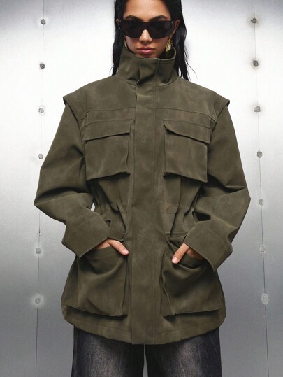 LYSMO Chaqueta casual holgada y regular de unicolor con múltiples bolsillos para mujer