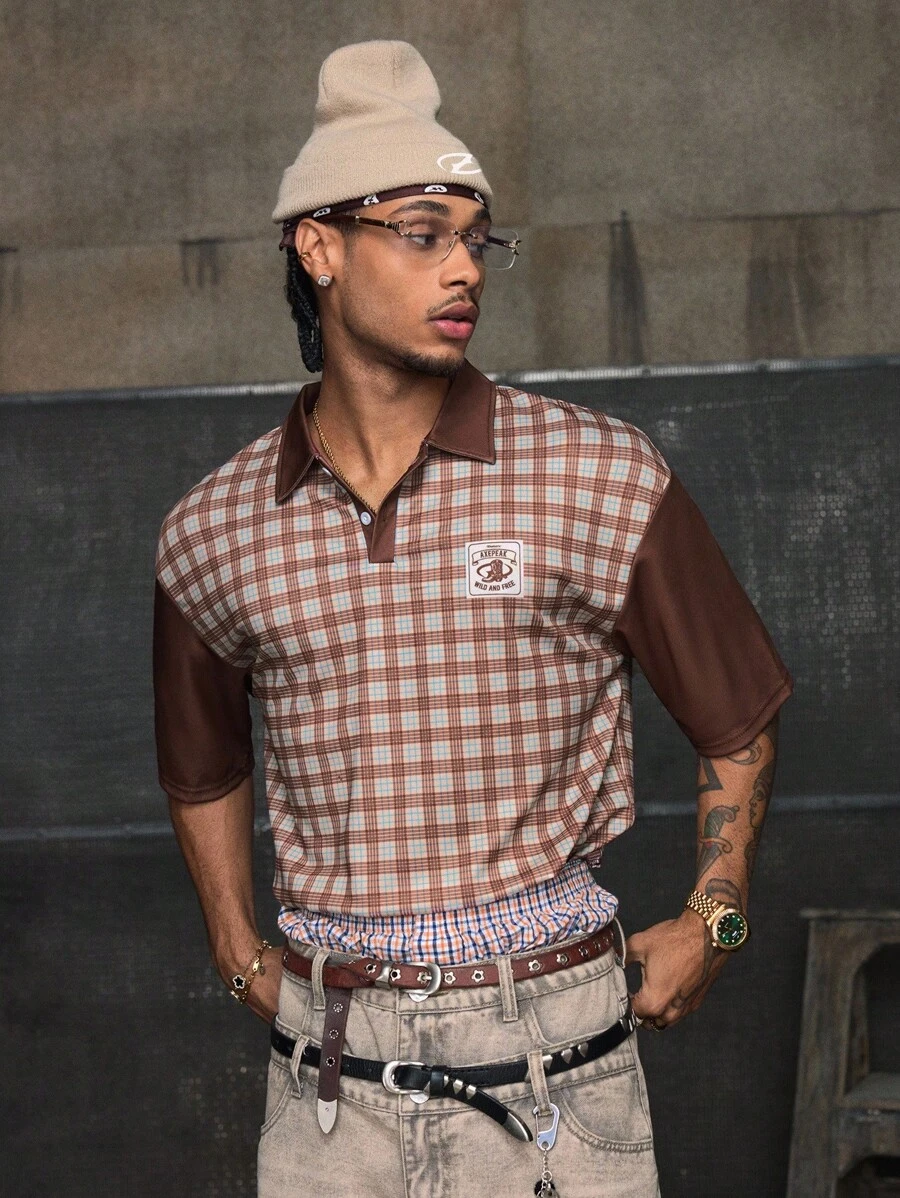 AXEPEAK 男士格子短袖休闲通勤 Polo 衫 - 彩色 - 查看 1