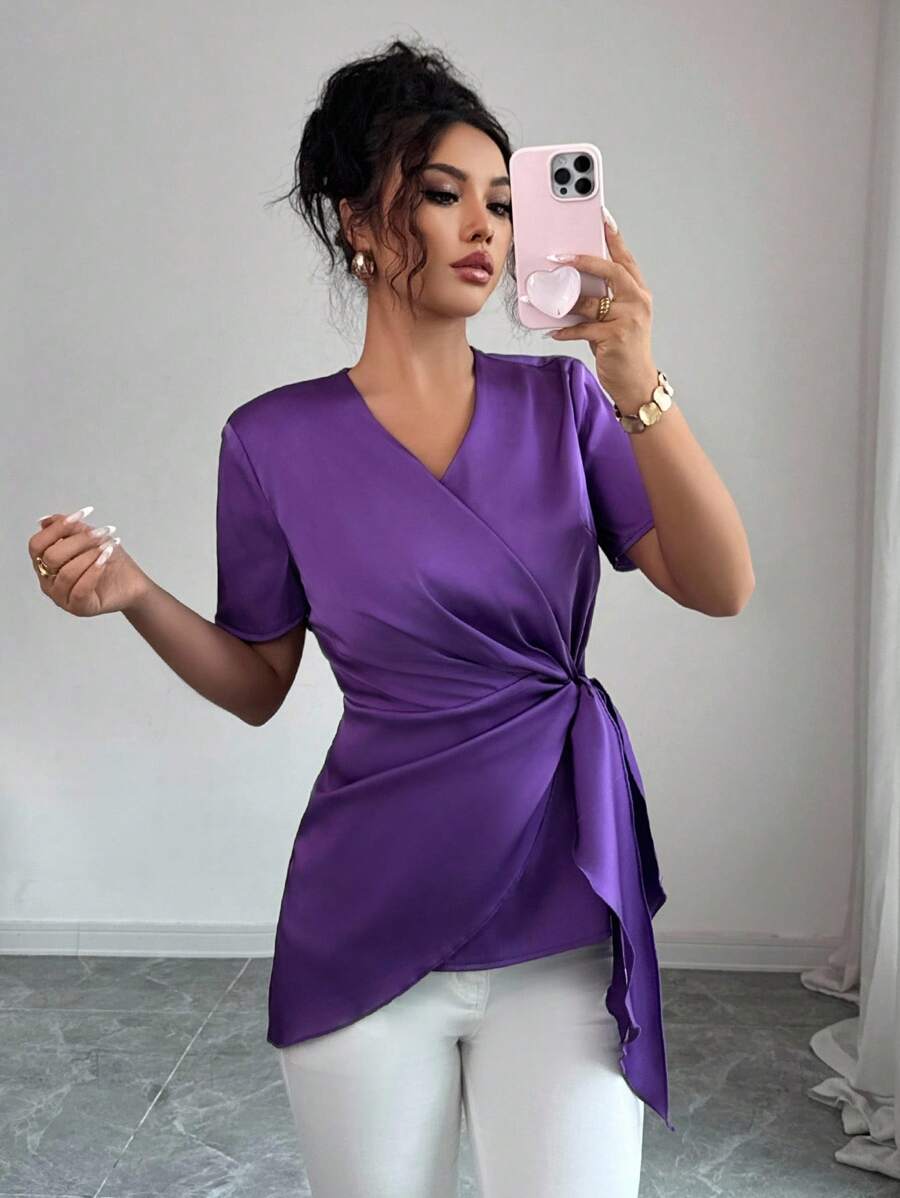 Elenzga Women's Elegant Cinched Waist Twist Knot Blouse - Purple - View 1