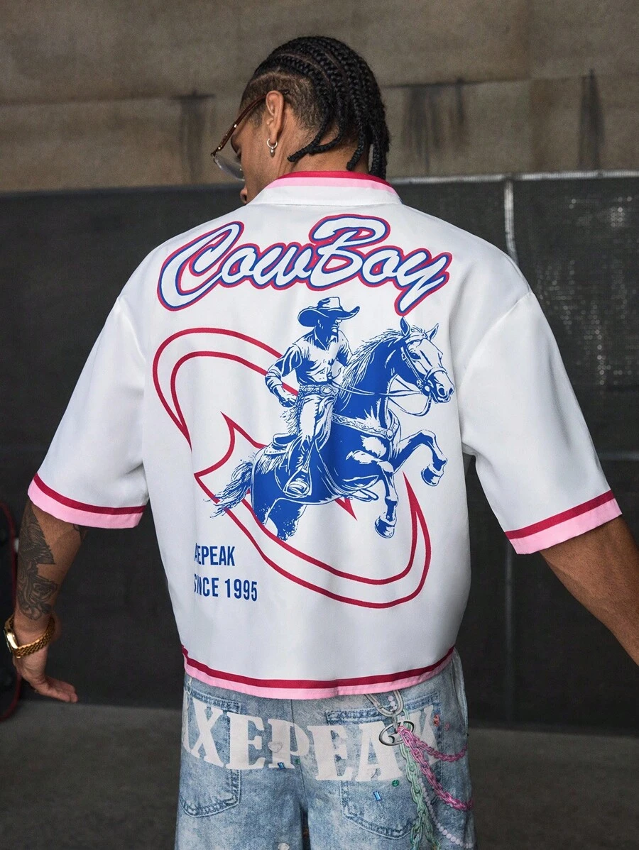 AXEPEAK Camisa de manga corta con estampado gráfico casual y retro estadounidense, diseño de corte holgado y versátil para hombres - Multicolor - Ver 1