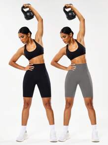 Gameset SHEIN Sport 2 件女式纯色高腰日常健身运动无缝骑行短裤女式高腰健身短裤高弹力骑行短裤收腹骑行短裤 - 彩色 - 查看 5