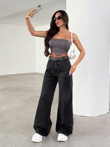 EURMUSE Jeans droits à taille haute avec ceinture pour femmes - Noir - Voir 6