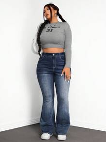 SHEIN ICON 大码高腰休闲时尚喇叭腿蓝色牛仔裤 - 藍色 - 查看 6