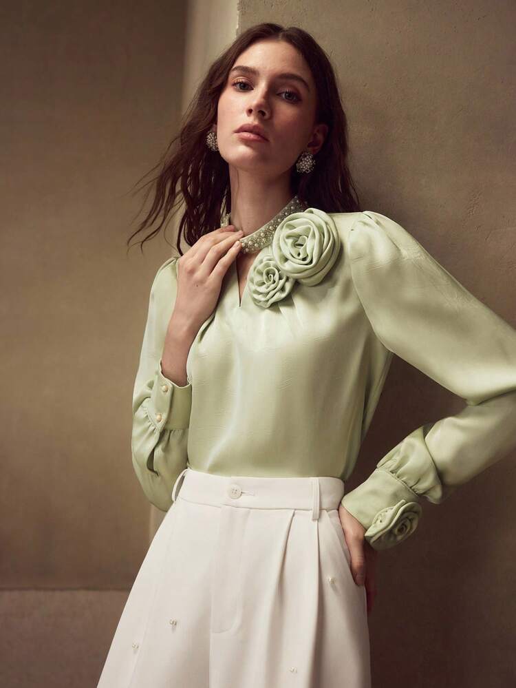 KEYHOLE NECK LANTERN SLEEVE FAUX PEARL BEADED FLORAL APPLIQUE BLOUSE