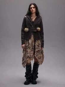 ROMWE EDITION 返校季 Y2K 女款秋季不对称下摆扎染格子裙，适合搭配裤子，复古垃圾摇滚风格，适合返校季 - 卡其色 - 查看 6