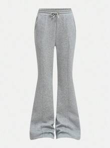 Girlism 青少年女孩休闲纯色喇叭针织运动裤，秋季 - 淺灰色 - 查看 6