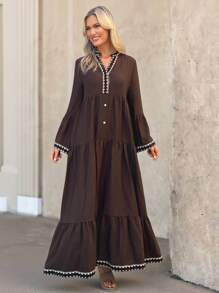 Wildy 秋季新款美式乡村休闲度假荷叶边喇叭袖连衣裙，棕色 - 棕色 - 查看 2