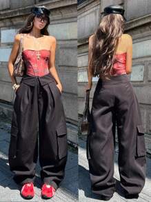 Coolane 女士夏季街头休闲宽松翻领裤装黑色工装裤 - 黑色 - 查看 5