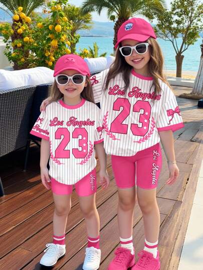 SHEIN 女宝宝休闲简约圆领宽松短袖T恤和紧身骑行短裤套装，适合春夏季