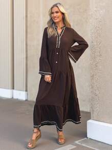 Wildy 秋季新款美式乡村休闲度假荷叶边喇叭袖连衣裙，棕色 - 棕色 - 查看 6