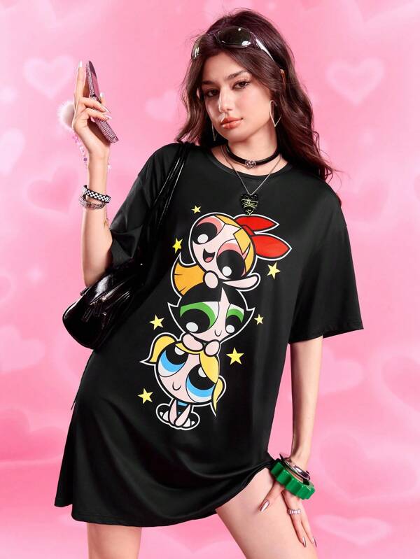 THE POWERPUFF GIRLS X SHEIN Women's Blossom, Bubbles, Buttercup Pattern Round Neck Short Sleeve Mini Dress