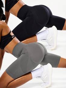 Gameset SHEIN Sport 2 件女式纯色高腰日常健身运动无缝骑行短裤女式高腰健身短裤高弹力骑行短裤收腹骑行短裤 - 彩色 - 查看 3