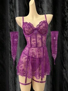 SHEIN 1 Set Of 6pcs Women's Sexy Lingerie Including Purple Lace Dress, G-String, 2pcs Arm Sleeves, 2pcs Leg Rings Purple Lingerie Set Lace Lingerie Dress Lingerie Purple See Through Dress Long Sleeve Lingerie Set, Going Out - Lilac Purple - View 6