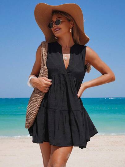 Swim Lushoire 女士纯色 V 领无袖宽松沙滩罩衫连衣裙，休闲舒适，适合夏季度假