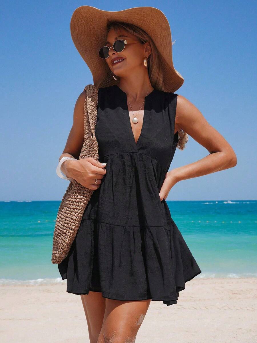 Swim Lushoire Váy che bãi biển rộng rãi không tay cổ chữ V màu trơn cho nữ, giản dị và thoải mái cho kỳ nghỉ hè - màu đen - Xem 1