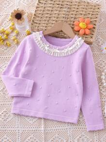 Young Girl Back To School Lavender Bow Lace Trim Round Neck Long Sleeve Sweater, Autumn/Winter - Lilac Purple - View 1