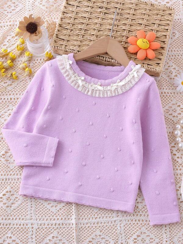 Young Girl Back To School Lavender Bow Lace Trim Round Neck Long Sleeve Sweater, Autumn/Winter