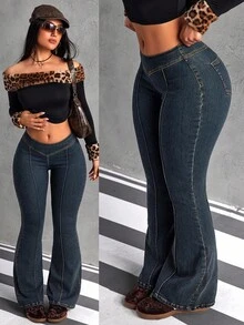 SHEIN Tall 女士休闲百搭日常喇叭牛仔裤，带口袋 - 藍色 - 查看 3