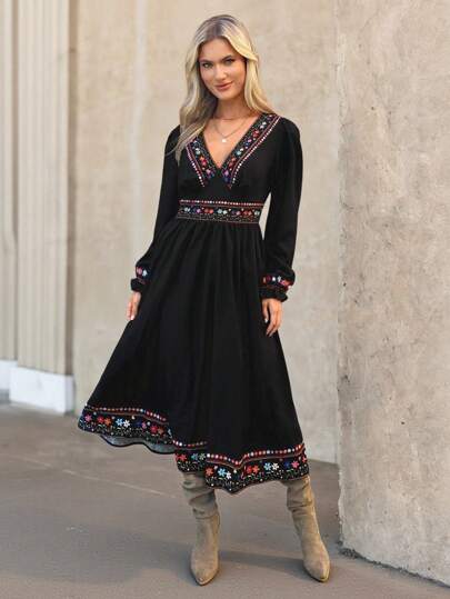 Wildy American Countryside Romantic Vacation Black Positioning Retro Print Teacher Work Dress, Mid-Length