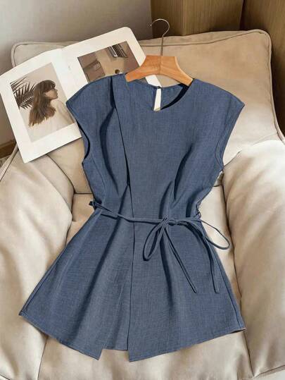 Franclia Women's Solid Color Round Neck Cap Sleeve Waist Tie Casual Shirt