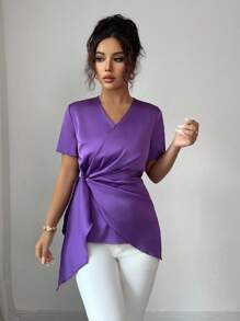 Elenzga Women's Elegant Cinched Waist Twist Knot Blouse - Purple - View 5