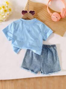 Girls Casual Sweet Daily Round Neck Short Sleeve Cropped Bow Print T-Shirt And Elastic Waist Bow Denim Shorts Set Little Girl Denim Shorts Set Toddler Girl Bow Denim Set Little Girl Denim Set Summer Two Piece Set For Kids Kid Two Piece Set With Bows Girls Jean Shorts Set Blue Kid Sets Summer Holiday