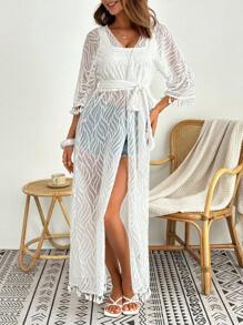 SHEIN Swim Casual Fashionable Versatile Daily Fringe Trim Women Cover Up Cover Up For Summer Beach Vacation - White - View 3