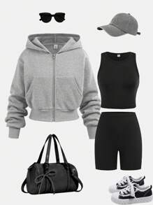 SHEIN Girlism 3pcs/Set Teen Girl Basic Minimalist Cropped Sweatshirt & Leggings & Tank Top Clothes, Casual, Sportswear, Loungewear, Back To School, Fall Concert Outfit Winter - Multicolor - View 1