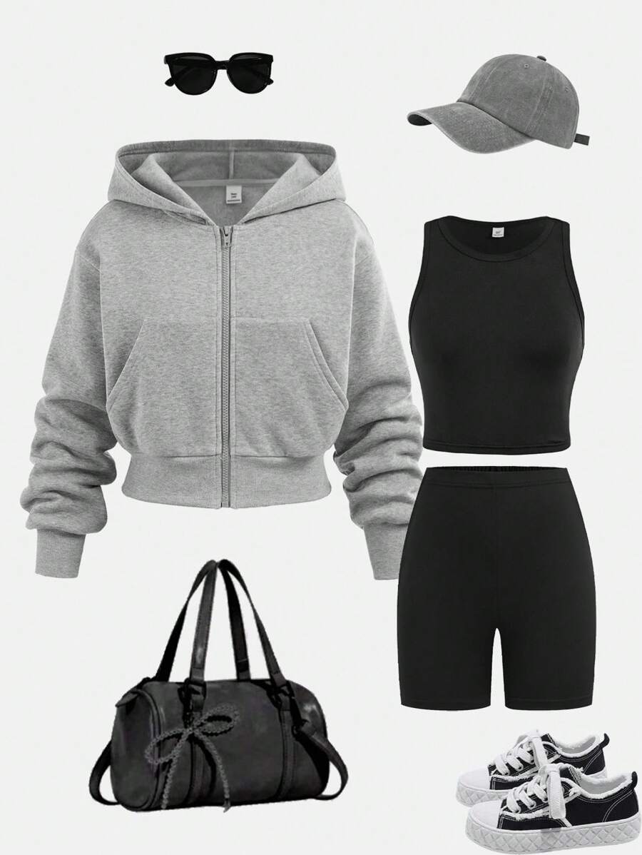 SHEIN Girlism 3pcs/Set Teen Girl Basic Minimalist Cropped Sweatshirt & Leggings & Tank Top Clothes, Casual, Sportswear, Loungewear, Back To School, Fall Concert Outfit Winter - Multicolor - View 1