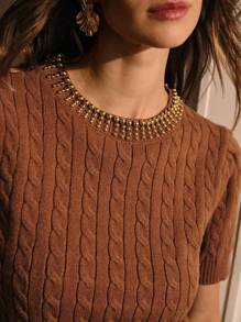 MOTF PREMIUM 短袖麻花针织上衣 针织套头衫 秋冬 - 咖啡棕 - 查看 3