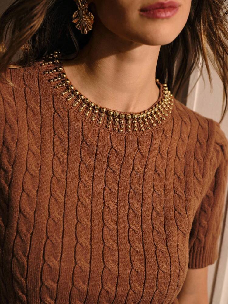 SHORT SLEEVE CABLE KNIT TOP KNIT PULLOVER FALL WINTER