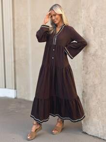 Wildy 秋季新款美式乡村休闲度假荷叶边喇叭袖连衣裙，棕色 - 棕色 - 查看 4