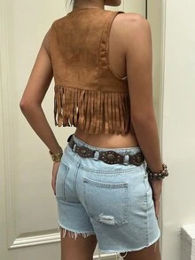 Sunnyshic 女式复古流苏牛仔背心夹克。西部牛仔背心，西部风女式流苏背心，女式牛仔背心 - 棕色 - 查看 2