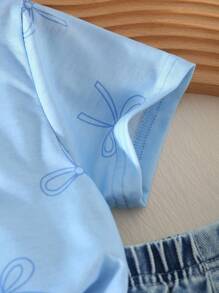 Girls Casual Sweet Daily Round Neck Short Sleeve Cropped Bow Print T-Shirt And Elastic Waist Bow Denim Shorts Set Little Girl Denim Shorts Set Toddler Girl Bow Denim Set Little Girl Denim Set Summer Two Piece Set For Kids Kid Two Piece Set With Bows Girls Jean Shorts Set Blue Kid Sets Summer Holiday