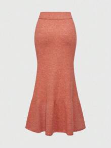 ROMWE Women's Floral Jacquard Knitted Skirt, New Arrival Elegant Long Skirt For Early Autumn - Orange - View 2