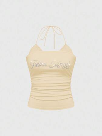 Débardeur plissé à encolure ras-du-cou orné de strass et de dentelle 2 en 1 pour femmes