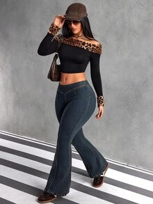 SHEIN Tall 女士休闲百搭日常喇叭牛仔裤，带口袋 - 藍色 - 查看 6