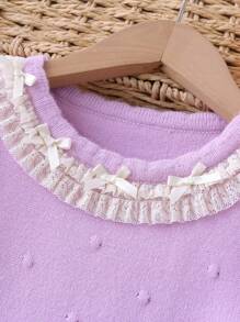 Young Girl Back To School Lavender Bow Lace Trim Round Neck Long Sleeve Sweater, Autumn/Winter - Lilac Purple - View 4