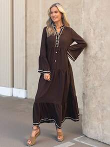 Wildy 秋季新款美式乡村休闲度假荷叶边喇叭袖连衣裙，棕色 - 棕色 - 查看 5