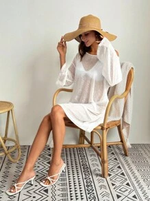 Swim Vcay 女士宽松休闲沙滩罩衫，浪漫时尚，夏季百搭 - 白色 - 查看 1