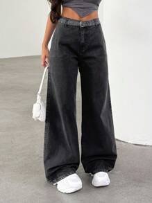 EURMUSE Jeans droits à taille haute avec ceinture pour femmes - Noir - Voir 5