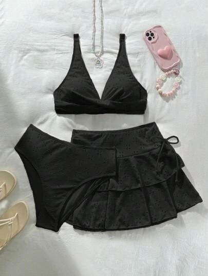 Swim Mod 女士夏季海滩可爱纯色针织提花面料上衣，交叉胸围，双层蛋糕迷你裙，蝴蝶结侧边，3 件套泳衣套装