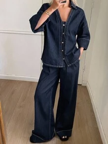 Livesso 女士宽松休闲牛仔衬衫和牛仔裤套装，全新秋季系列 - 藍色 - 查看 5