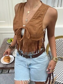 Sunnyshic 女式复古流苏牛仔背心夹克。西部牛仔背心，西部风女式流苏背心，女式牛仔背心 - 棕色 - 查看 4